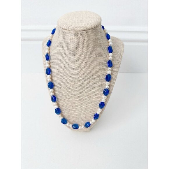 NWT Genuine Pearls & Glass Beads Necklace Beaded Blue White - Picture 1 of 5